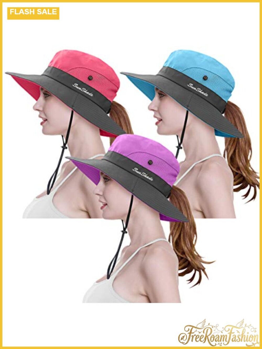 Womens Ponytail Sun Hat 3 Pack Wide Brim UPF 50+ Packable Beach Cap